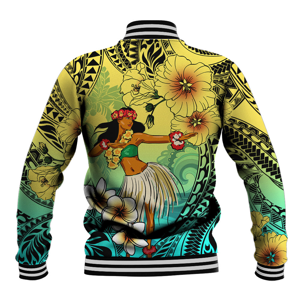 Honolulu Hawaii Baseball Jacket Ilima Plumeria with Hula Girl LT7 - Polynesian Pride