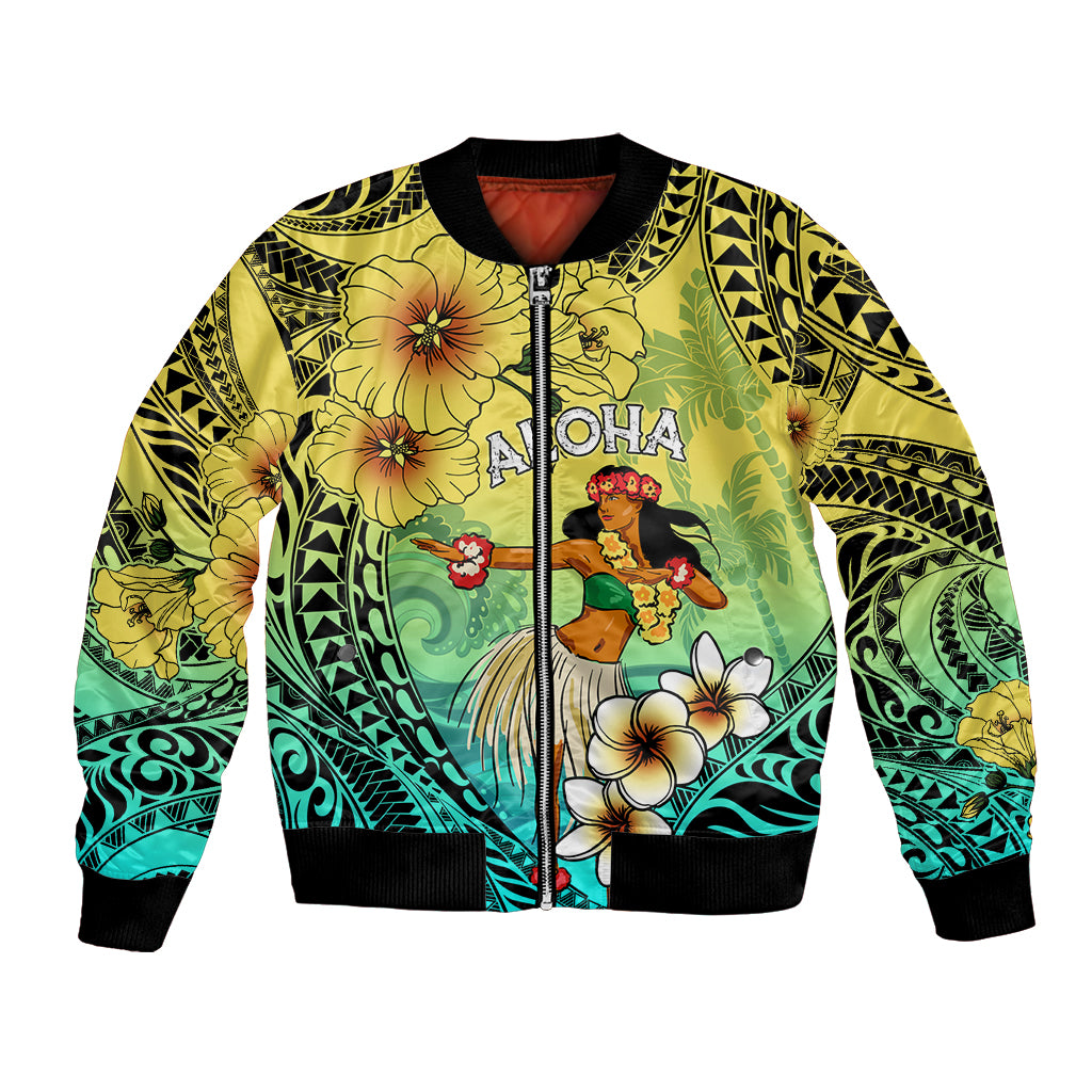 Honolulu Hawaii Bomber Jacket Ilima Plumeria with Hula Girl LT7 Unisex Colorful - Polynesian Pride