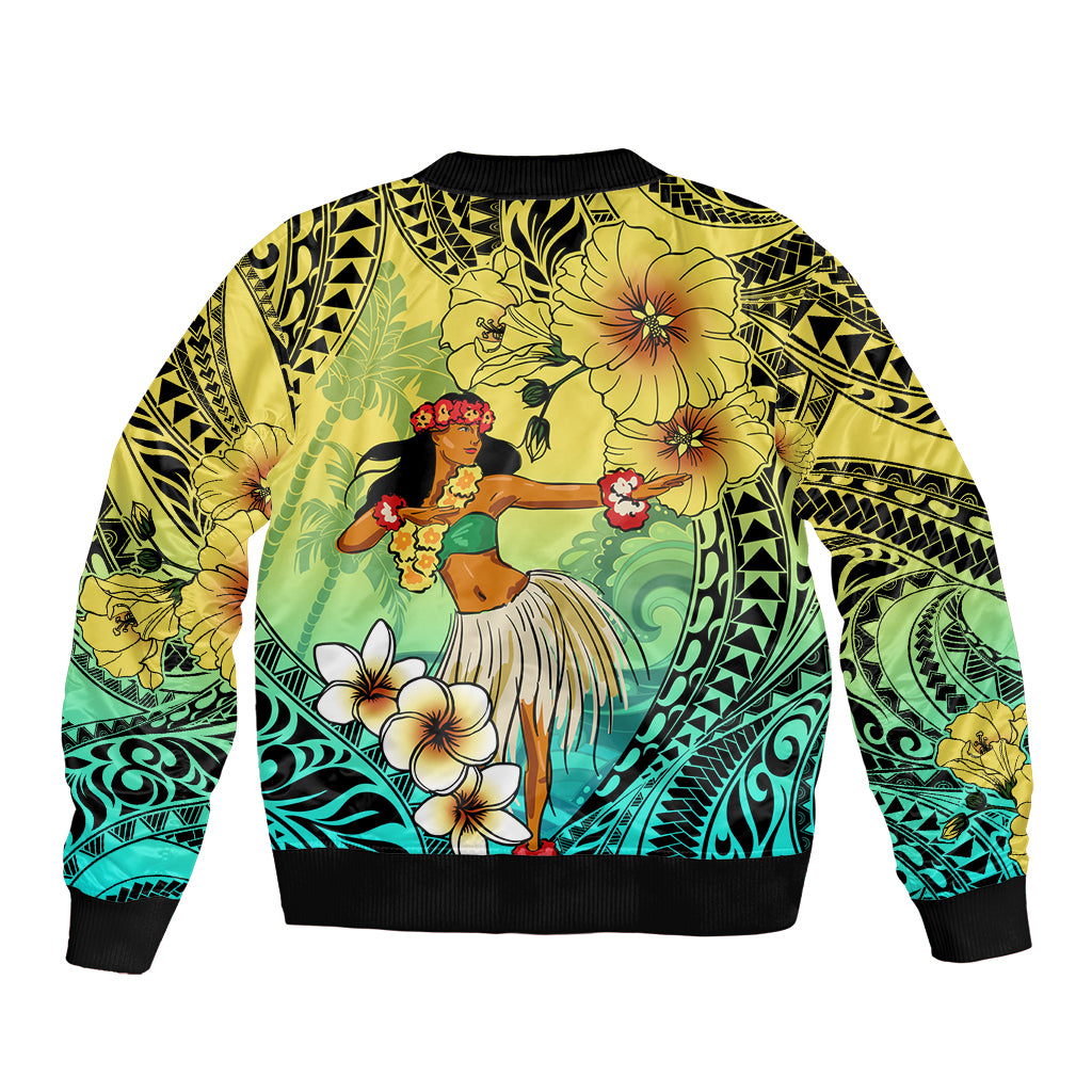 Honolulu Hawaii Bomber Jacket Ilima Plumeria with Hula Girl LT7 - Polynesian Pride