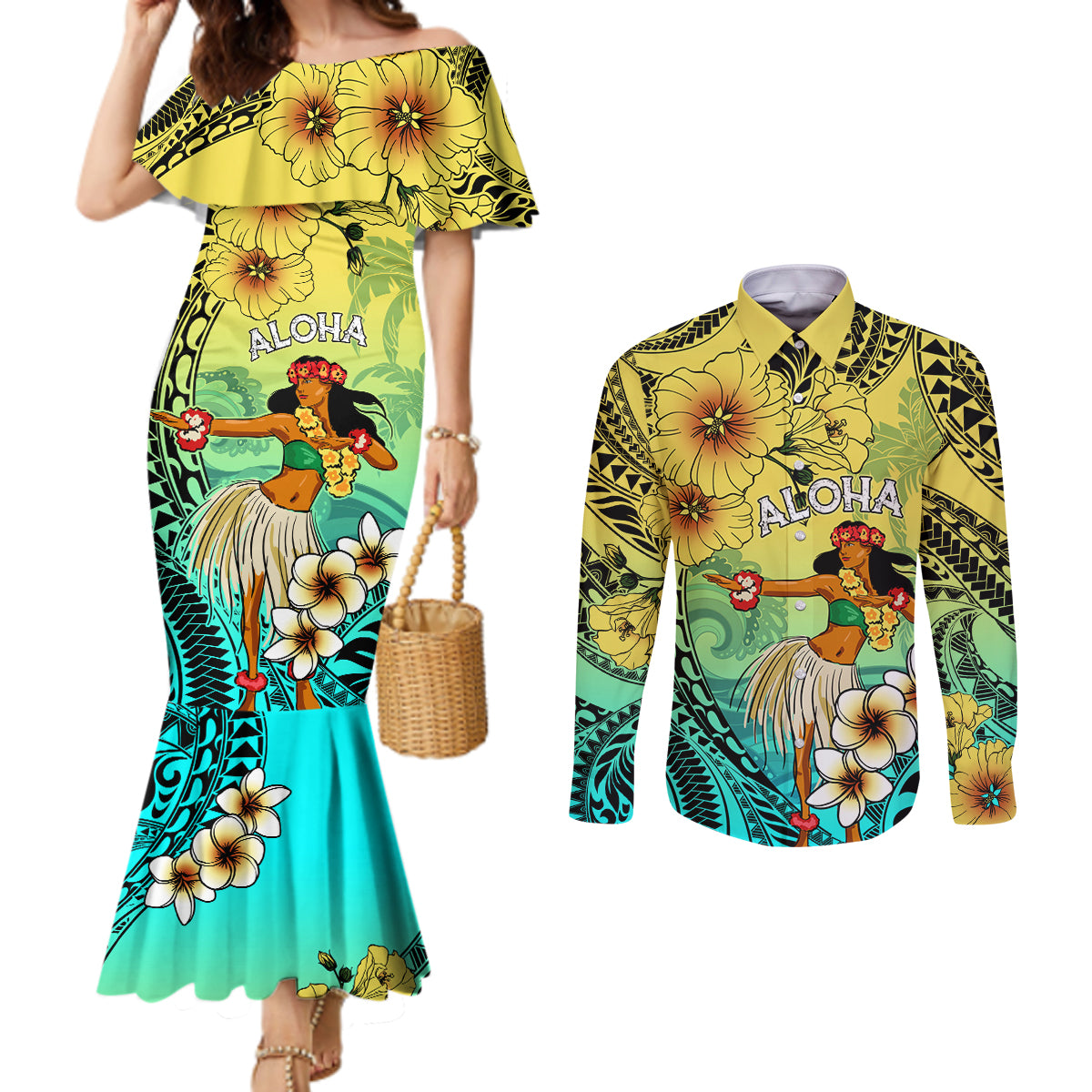 Honolulu Hawaii Couples Matching Mermaid Dress and Long Sleeve Button Shirt Ilima Plumeria with Hula Girl LT7 Colorful - Polynesian Pride