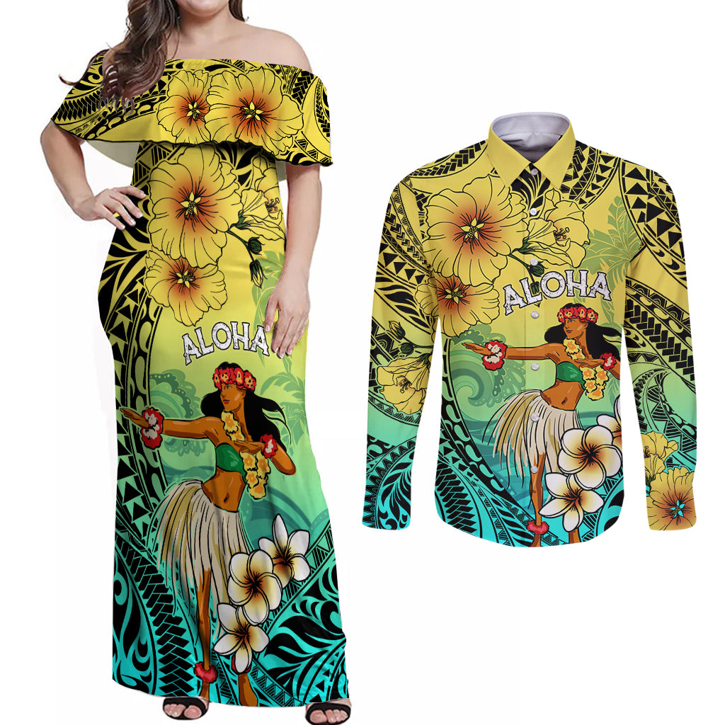 Honolulu Hawaii Couples Matching Off Shoulder Maxi Dress and Long Sleeve Button Shirt Ilima Plumeria with Hula Girl LT7 Colorful - Polynesian Pride