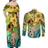 Honolulu Hawaii Couples Matching Off Shoulder Maxi Dress and Long Sleeve Button Shirt Ilima Plumeria with Hula Girl LT7 - Polynesian Pride