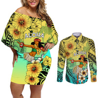 Honolulu Hawaii Couples Matching Off Shoulder Short Dress and Long Sleeve Button Shirt Ilima Plumeria with Hula Girl LT7 Colorful - Polynesian Pride