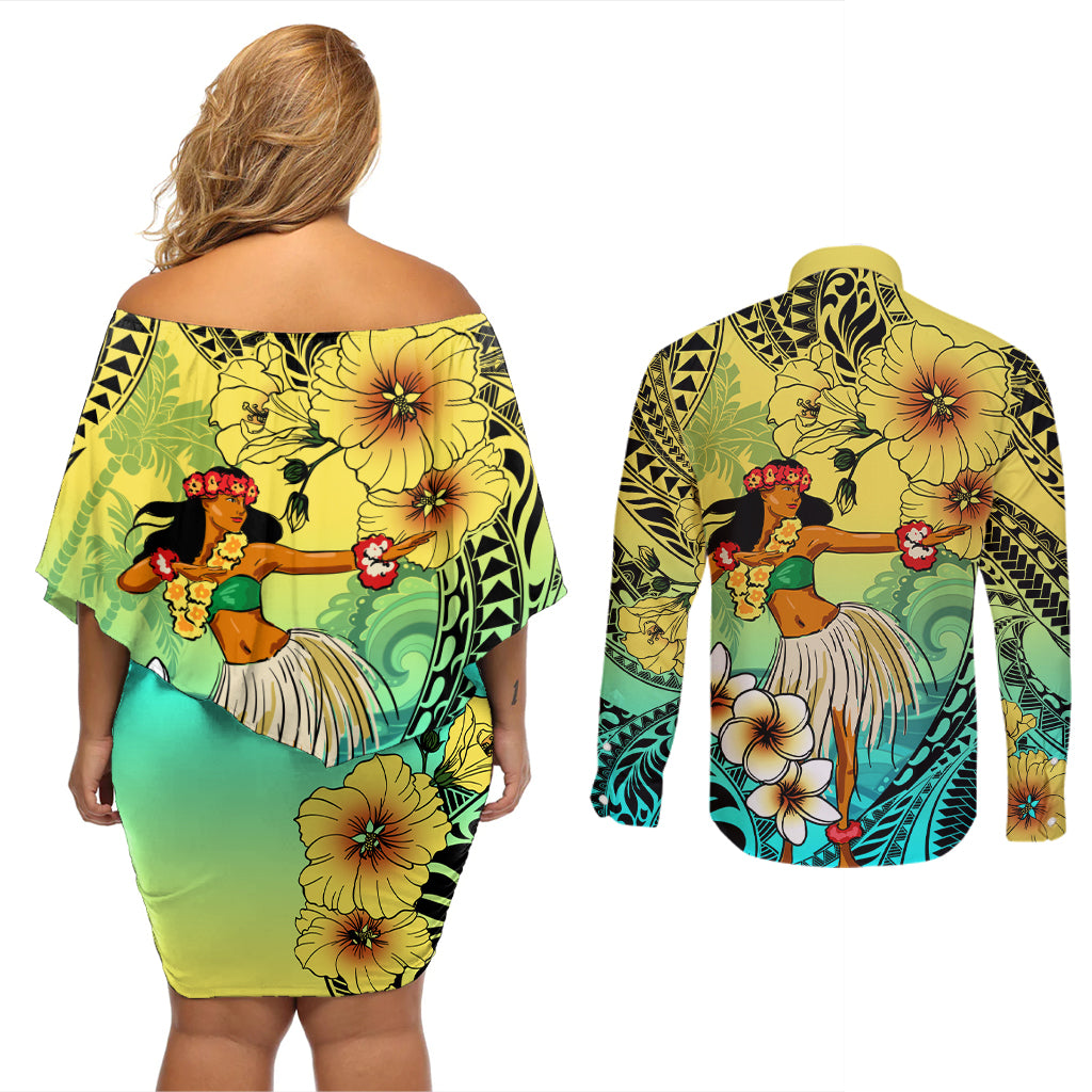 Honolulu Hawaii Couples Matching Off Shoulder Short Dress and Long Sleeve Button Shirt Ilima Plumeria with Hula Girl LT7 - Polynesian Pride