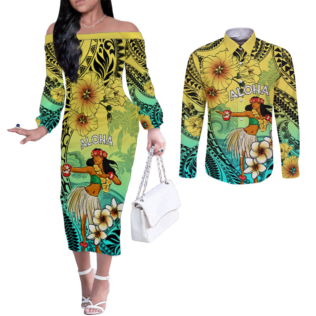 Honolulu Hawaii Couples Matching Off The Shoulder Long Sleeve Dress and Long Sleeve Button Shirt Ilima Plumeria with Hula Girl LT7 Colorful - Polynesian Pride
