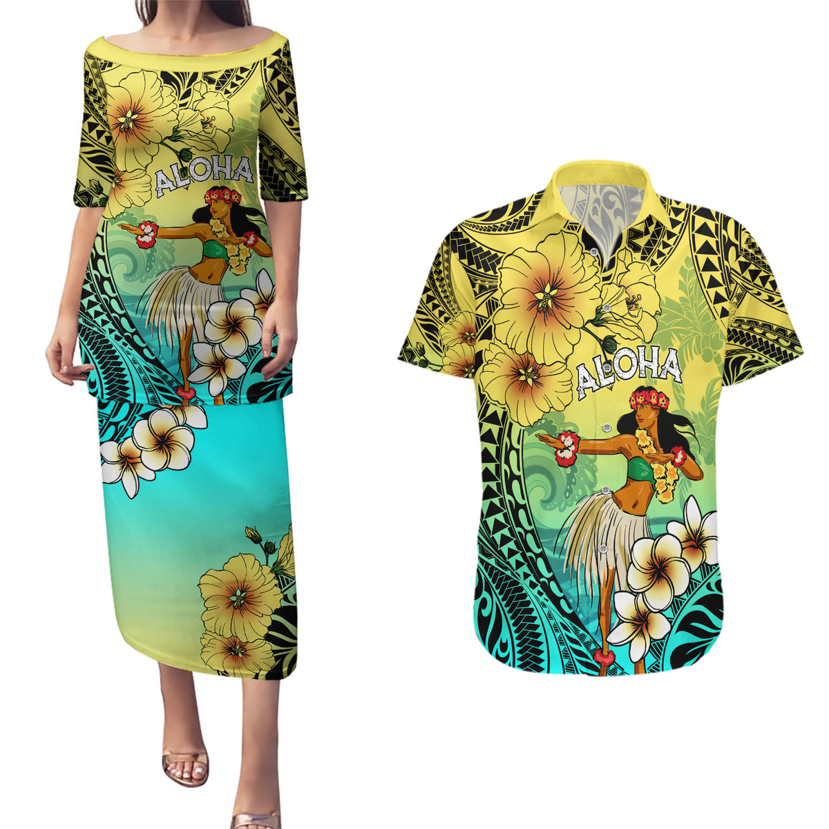 Honolulu Hawaii Couples Matching Puletasi and Hawaiian Shirt Ilima Plumeria with Hula Girl LT7 Colorful - Polynesian Pride