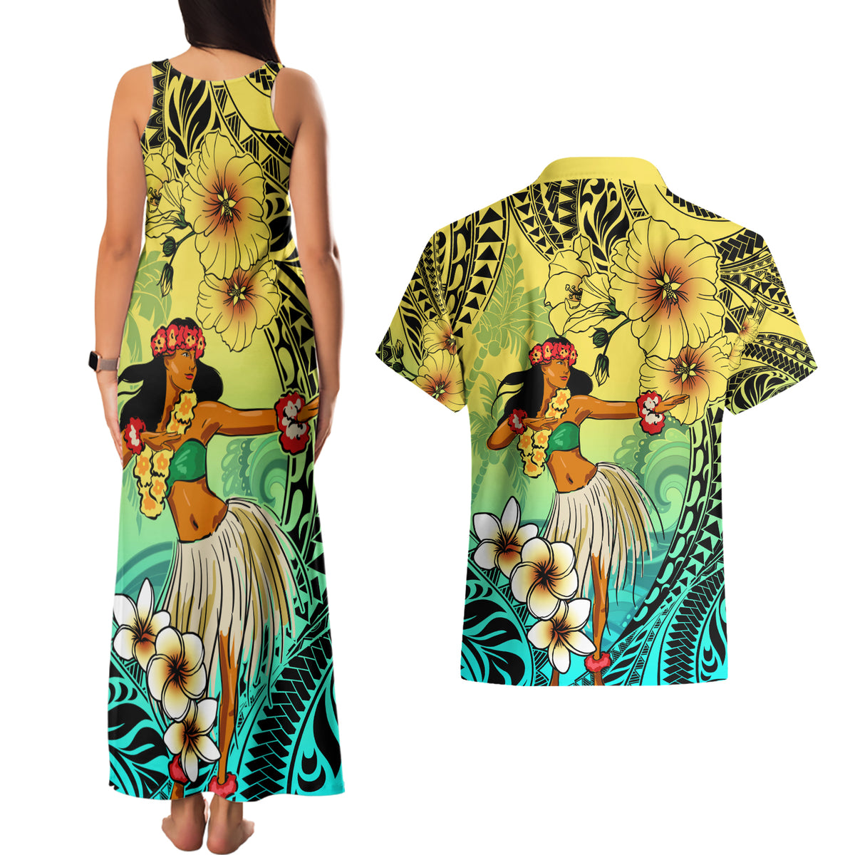 Honolulu Hawaii Couples Matching Tank Maxi Dress and Hawaiian Shirt Ilima Plumeria with Hula Girl LT7 - Polynesian Pride