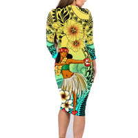 Honolulu Hawaii Family Matching Long Sleeve Bodycon Dress and Hawaiian Shirt Ilima Plumeria with Hula Girl LT7 - Polynesian Pride