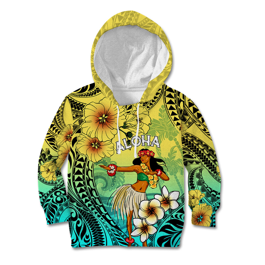 Honolulu Hawaii Kid Hoodie Ilima Plumeria with Hula Girl LT7 Hoodie Colorful - Polynesian Pride
