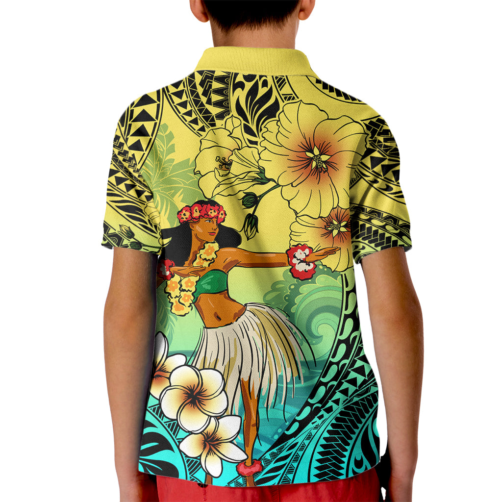 Honolulu Hawaii Kid Polo Shirt Ilima Plumeria with Hula Girl LT7 - Polynesian Pride