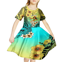 Honolulu Hawaii Kid Short Sleeve Dress Ilima Plumeria with Hula Girl LT7 - Polynesian Pride