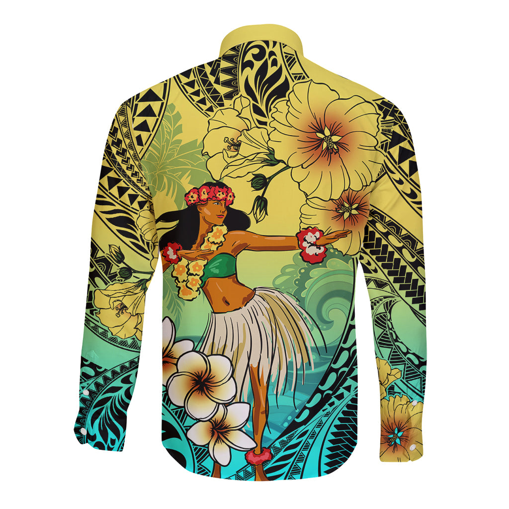 Honolulu Hawaii Long Sleeve Button Shirt Ilima Plumeria with Hula Girl LT7 - Polynesian Pride
