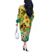 Honolulu Hawaii Off The Shoulder Long Sleeve Dress Ilima Plumeria with Hula Girl LT7 - Polynesian Pride