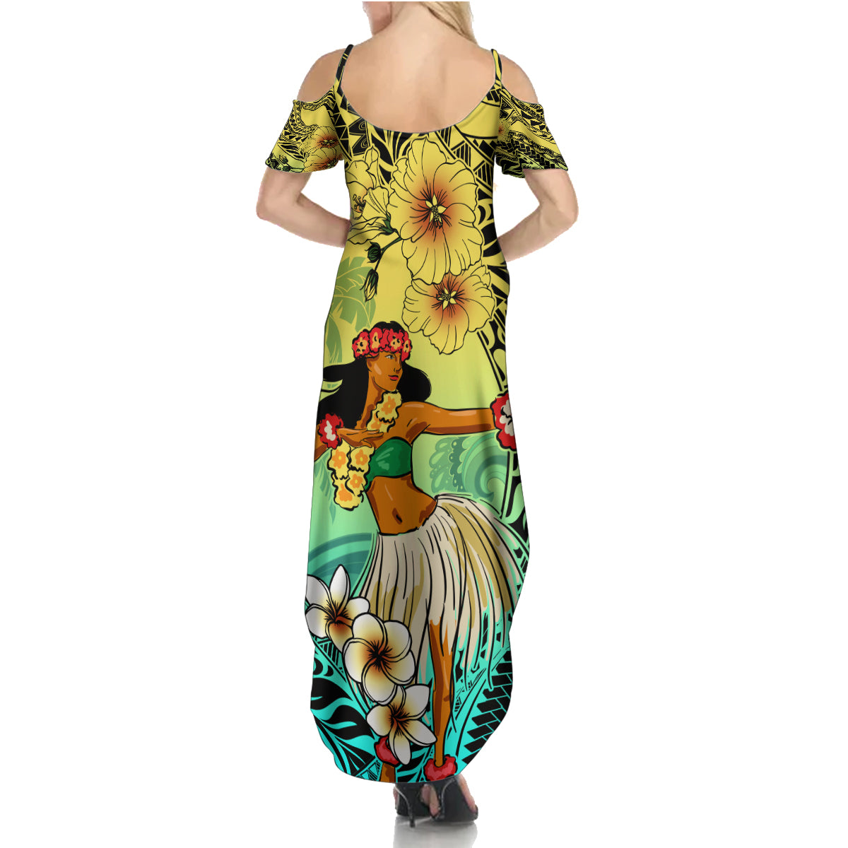 Honolulu Hawaii Summer Maxi Dress Ilima Plumeria with Hula Girl LT7 - Polynesian Pride
