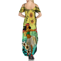 Honolulu Hawaii Summer Maxi Dress Ilima Plumeria with Hula Girl LT7 - Polynesian Pride