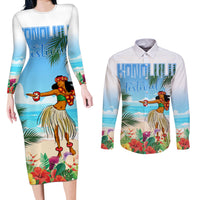 Personalised Hawaii Hula Girl Couples Matching Long Sleeve Bodycon Dress and Long Sleeve Button Shirt Honolulu Festival LT7 Art - Polynesian Pride