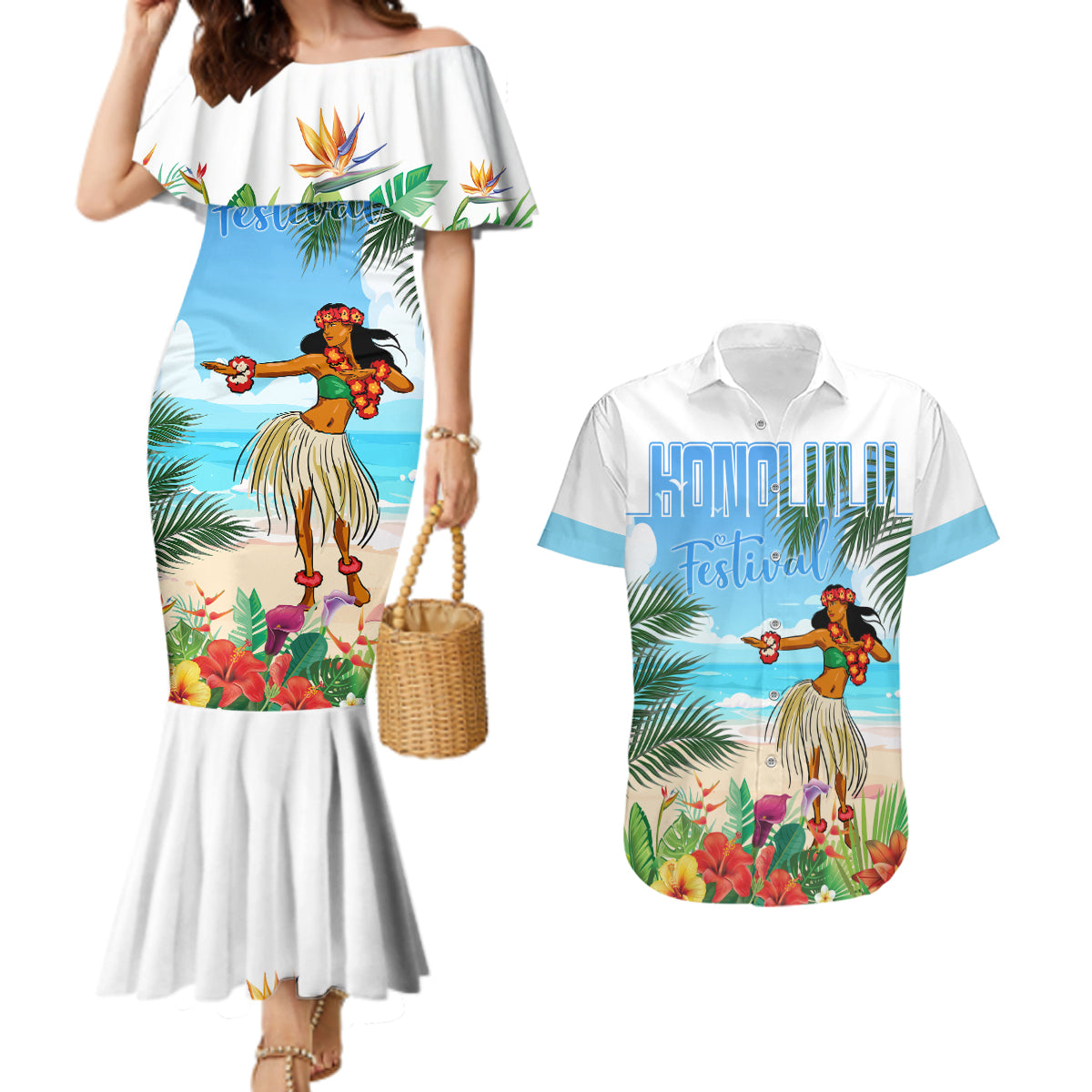 Personalised Hawaii Hula Girl Couples Matching Mermaid Dress and Hawaiian Shirt Honolulu Festival LT7 Art - Polynesian Pride