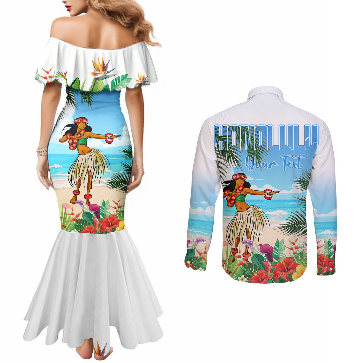 Personalised Hawaii Hula Girl Couples Matching Mermaid Dress and Long Sleeve Button Shirt Honolulu Festival LT7 - Polynesian Pride