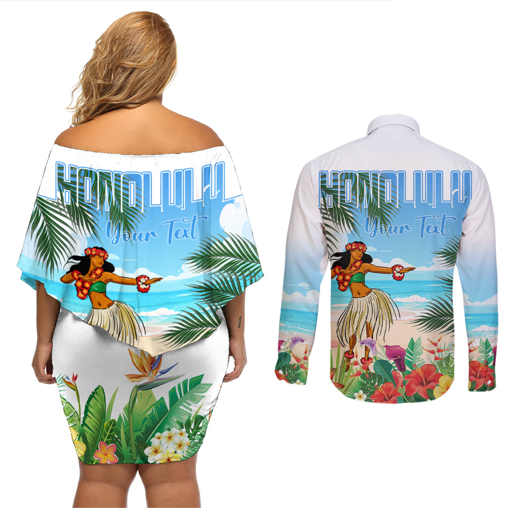 Personalised Hawaii Hula Girl Couples Matching Off Shoulder Short Dress and Long Sleeve Button Shirt Honolulu Festival LT7 - Polynesian Pride