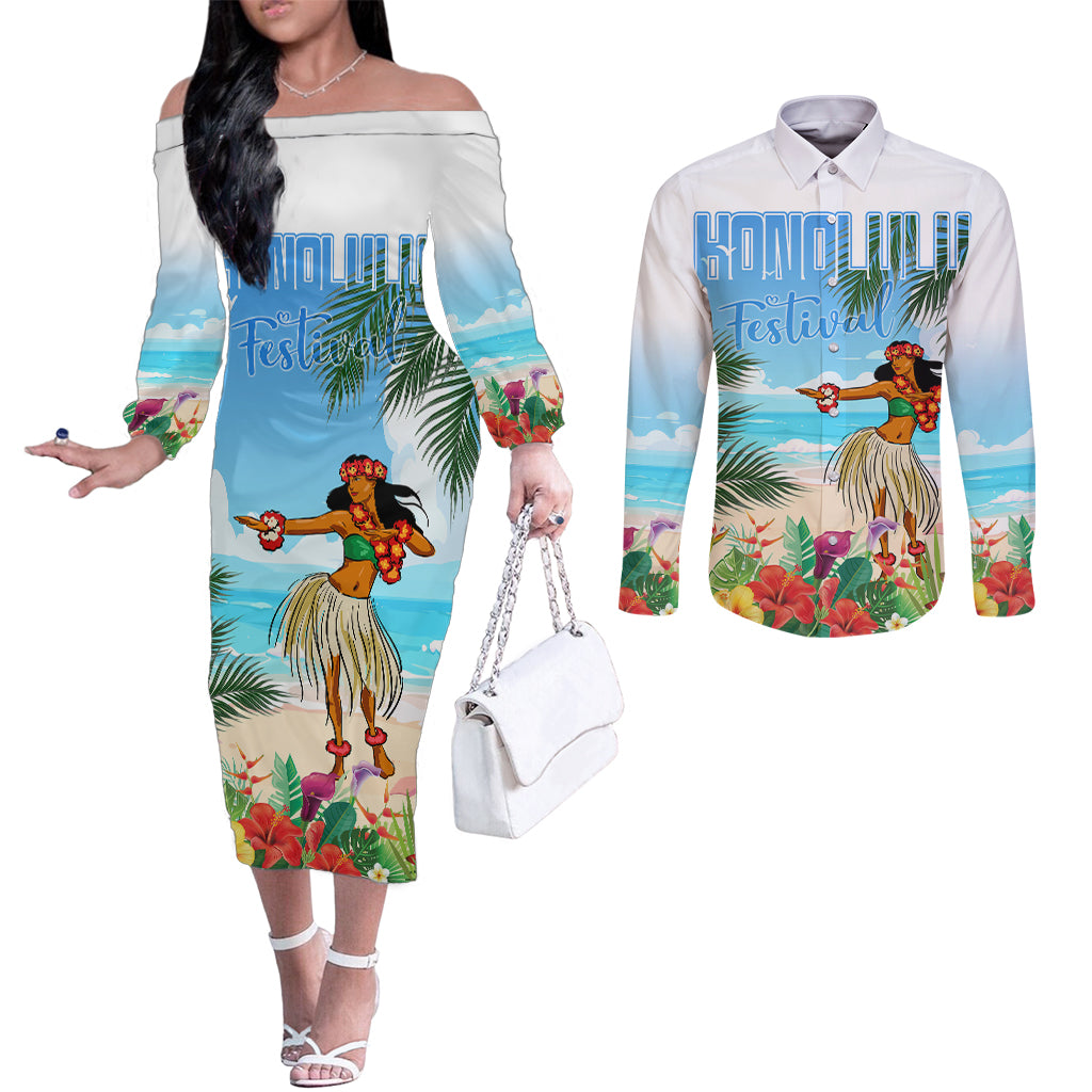 Personalised Hawaii Hula Girl Couples Matching Off The Shoulder Long Sleeve Dress and Long Sleeve Button Shirt Honolulu Festival LT7 Art - Polynesian Pride