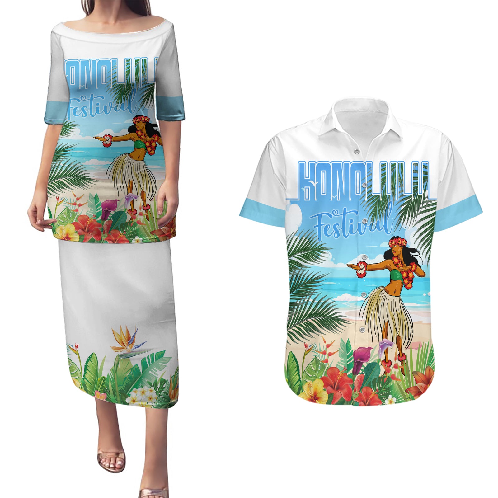 Personalised Hawaii Hula Girl Couples Matching Puletasi and Hawaiian Shirt Honolulu Festival LT7 Art - Polynesian Pride