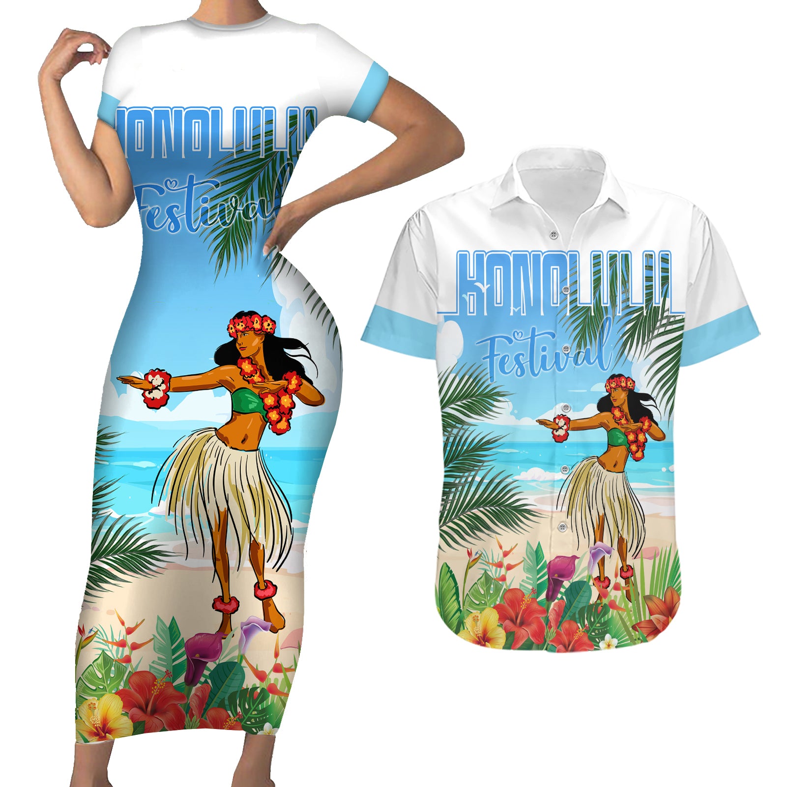 Personalised Hawaii Hula Girl Couples Matching Short Sleeve Bodycon Dress and Hawaiian Shirt Honolulu Festival LT7 Art - Polynesian Pride