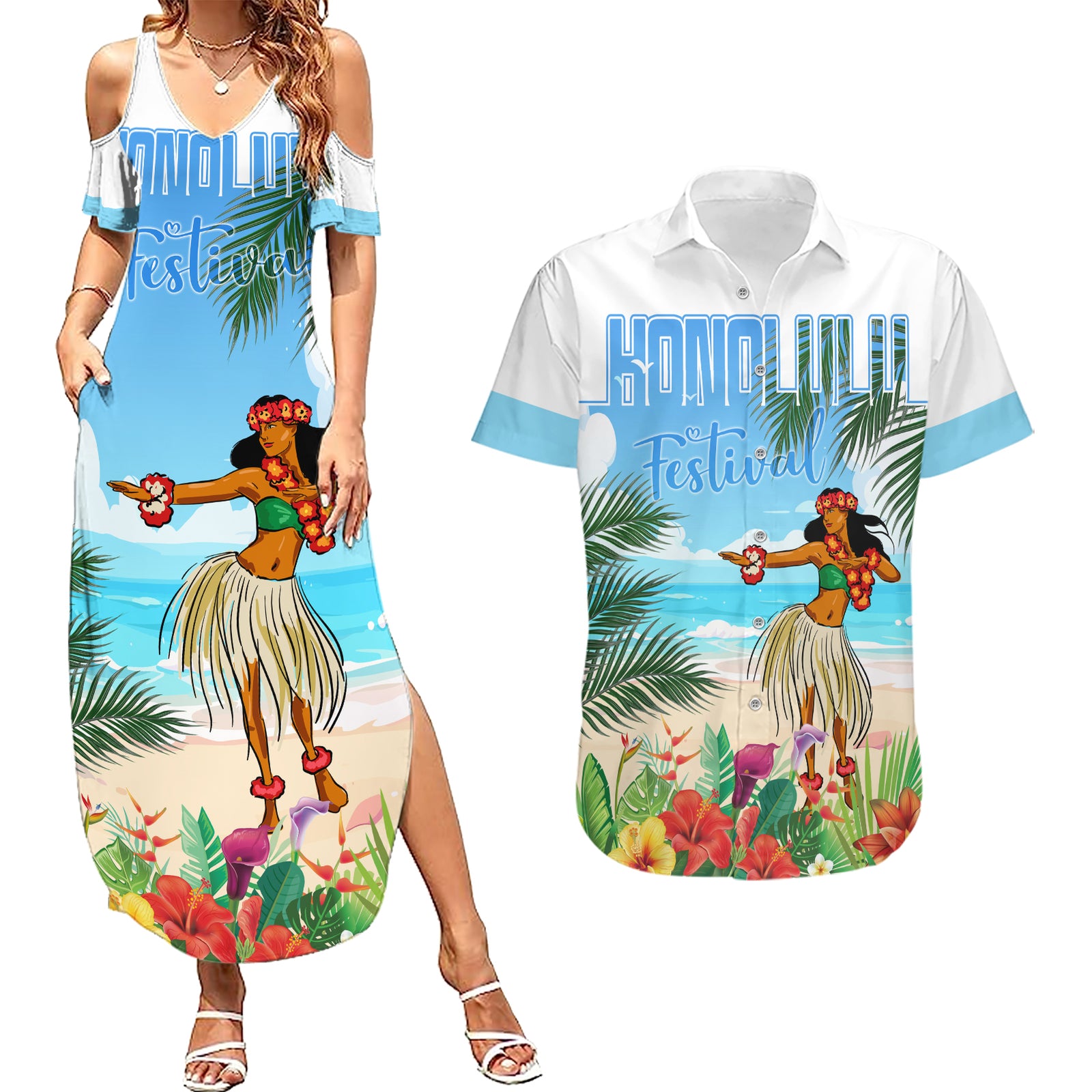 Personalised Hawaii Hula Girl Couples Matching Summer Maxi Dress and Hawaiian Shirt Honolulu Festival LT7 Art - Polynesian Pride