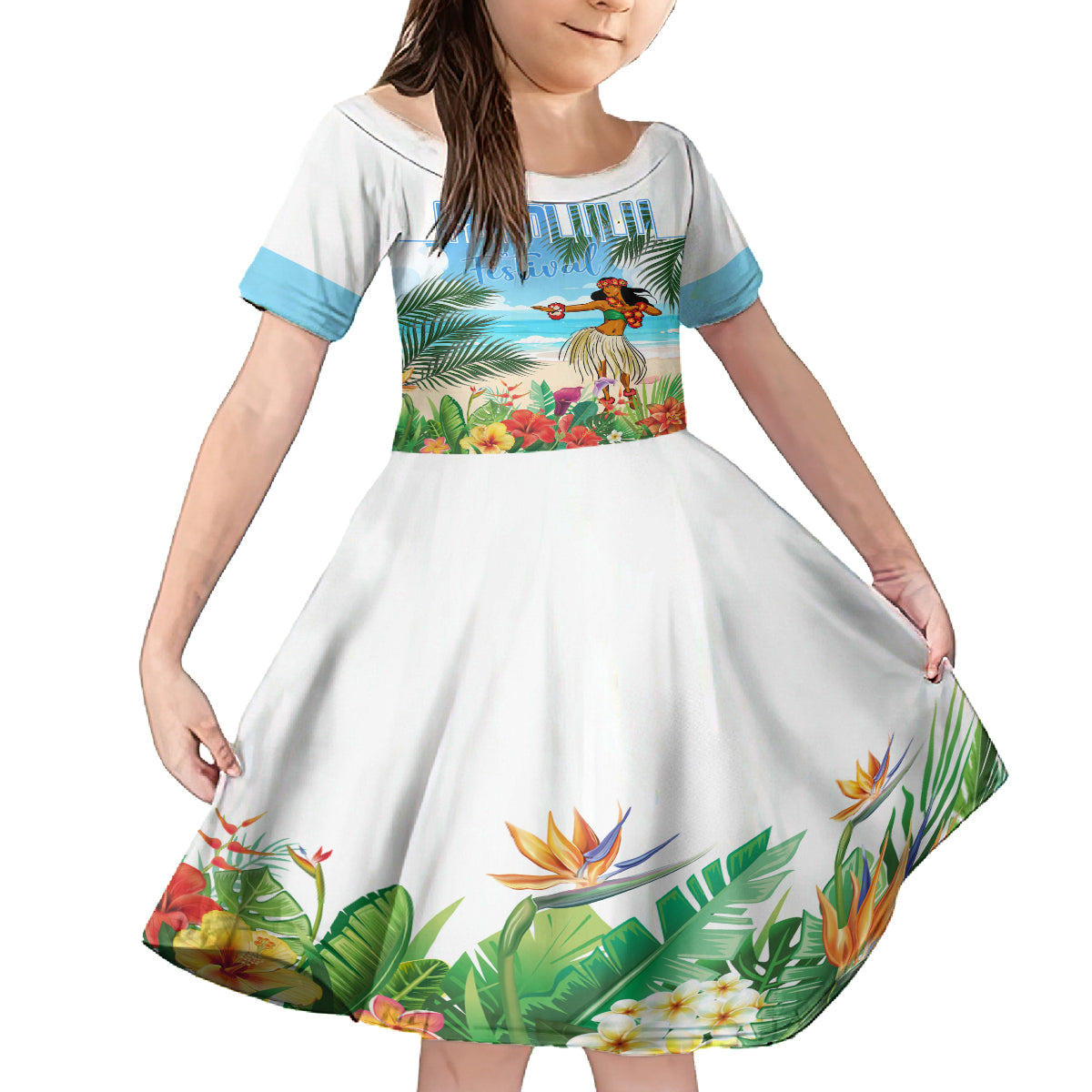 Personalised Hawaii Hula Girl Family Matching Off Shoulder Maxi Dress and Hawaiian Shirt Honolulu Festival LT7 Daughter's Dress Art - Polynesian Pride