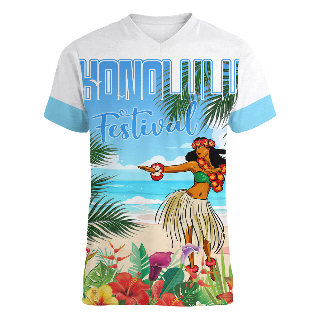 Personalised Hawaii Hula Girl Women V Neck T Shirt Honolulu Festival LT7 Female Art - Polynesian Pride