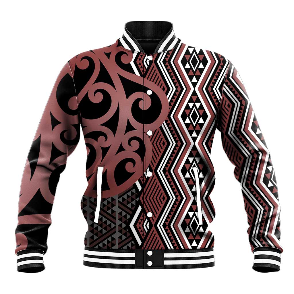 Maori Taniko Patterns Baseball Jacket Brown Patiki Motifs Mix Whakairo Ngaru