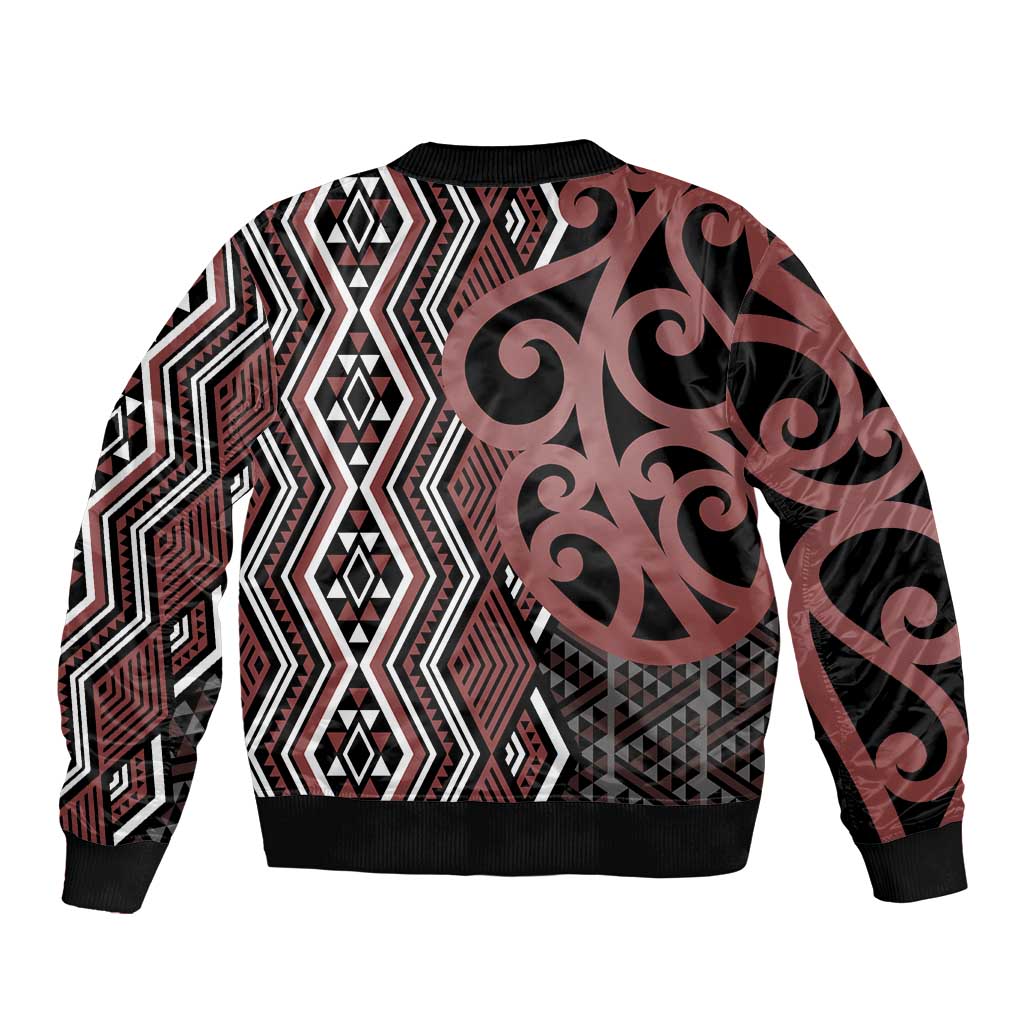 Maori Taniko Patterns Bomber Jacket Brown Patiki Motifs Mix Whakairo Ngaru