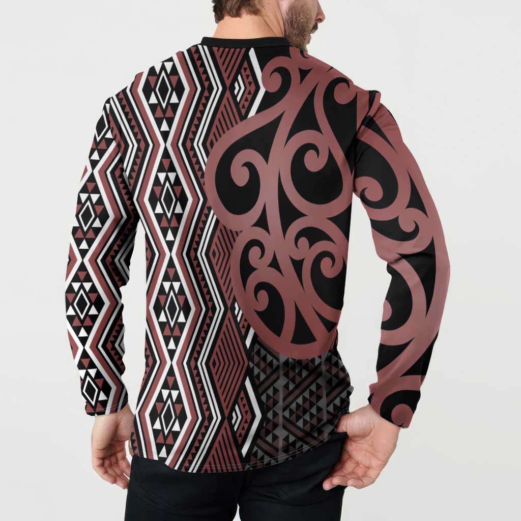 Maori Taniko Patterns Button Sweatshirt Brown Patiki Motifs Mix Whakairo Ngaru
