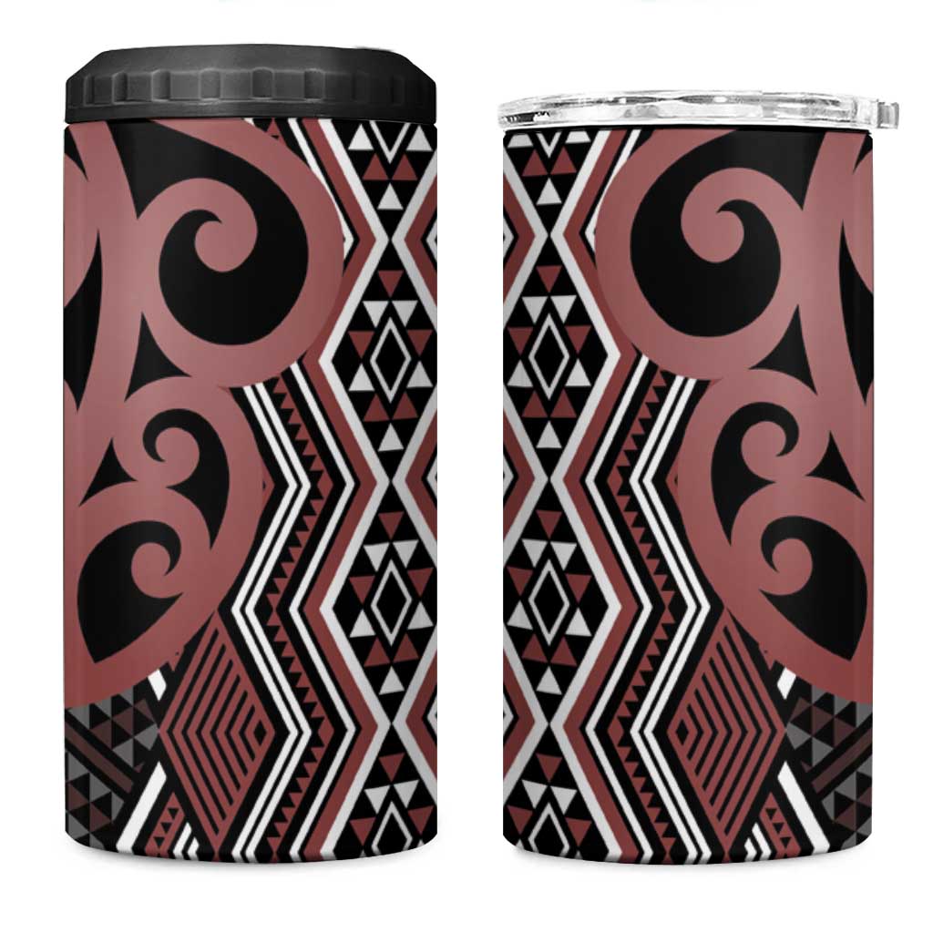 Maori Taniko Patterns 4 in 1 Can Cooler Tumbler Brown Patiki Motifs Mix Whakairo Ngaru