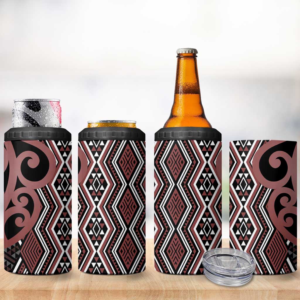 Maori Taniko Patterns 4 in 1 Can Cooler Tumbler Brown Patiki Motifs Mix Whakairo Ngaru