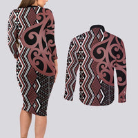 Maori Taniko Patterns Couples Matching Long Sleeve Bodycon Dress and Long Sleeve Button Shirt Brown Patiki Motifs Mix Whakairo Ngaru LT7 - Polynesian Pride