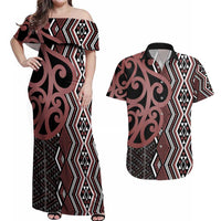 Maori Taniko Patterns Couples Matching Off Shoulder Maxi Dress and Hawaiian Shirt Brown Patiki Motifs Mix Whakairo Ngaru