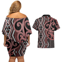 Maori Taniko Patterns Couples Matching Off Shoulder Short Dress and Hawaiian Shirt Brown Patiki Motifs Mix Whakairo Ngaru