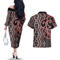 Maori Taniko Patterns Couples Matching Off The Shoulder Long Sleeve Dress and Hawaiian Shirt Brown Patiki Motifs Mix Whakairo Ngaru