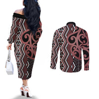 Maori Taniko Patterns Couples Matching Off The Shoulder Long Sleeve Dress and Long Sleeve Button Shirt Brown Patiki Motifs Mix Whakairo Ngaru LT7 - Polynesian Pride