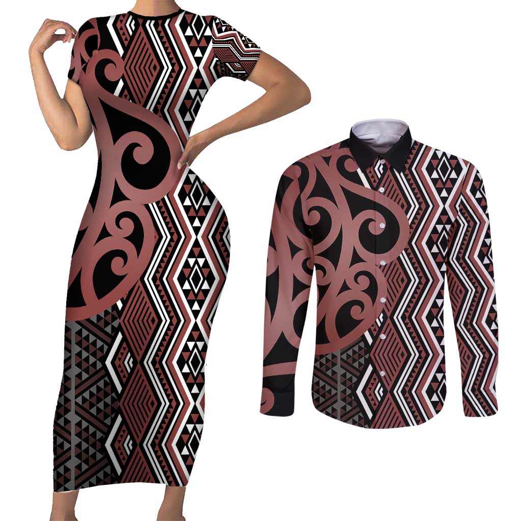 Maori Taniko Patterns Couples Matching Short Sleeve Bodycon Dress and Long Sleeve Button Shirt Brown Patiki Motifs Mix Whakairo Ngaru LT7 Brown - Polynesian Pride