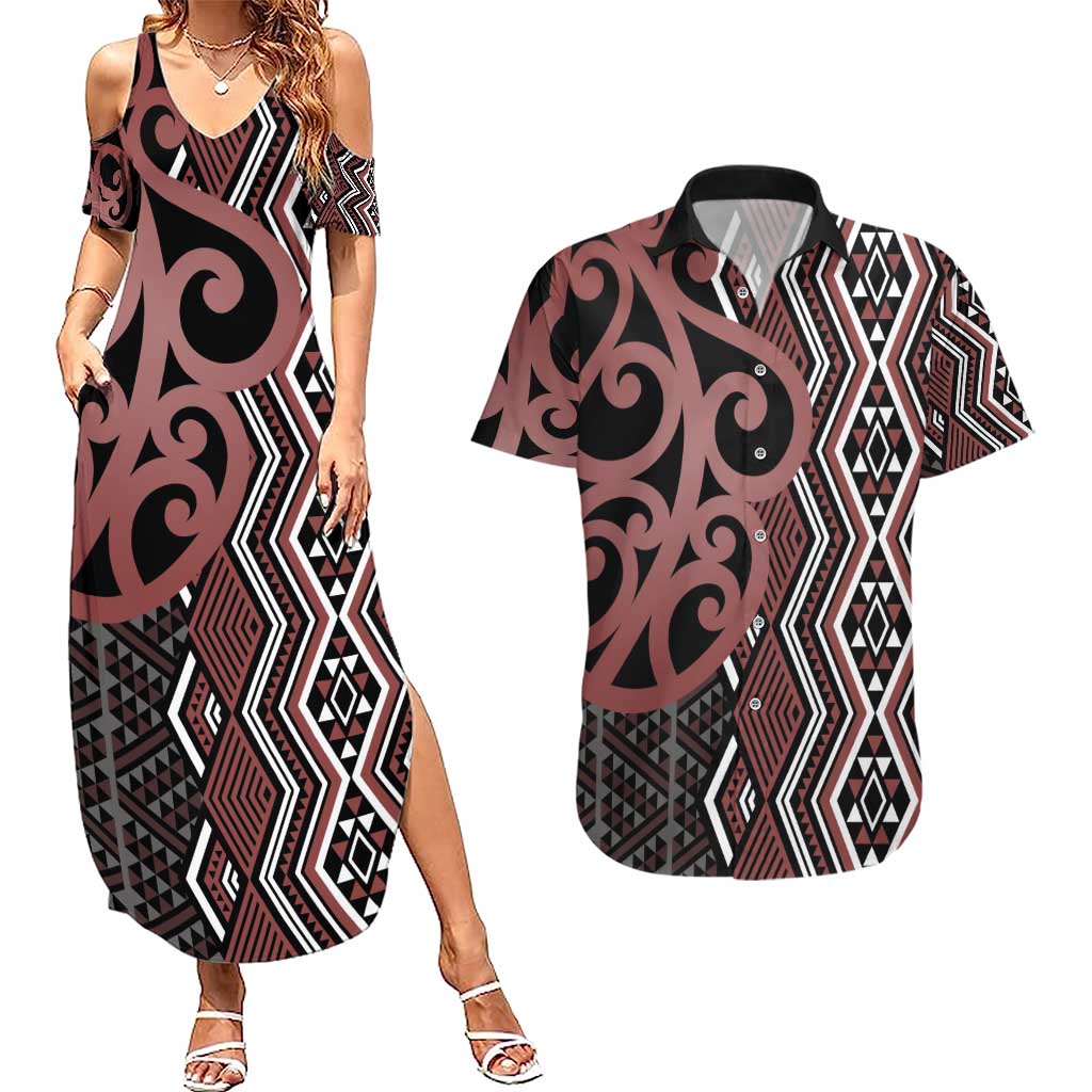 Maori Taniko Patterns Couples Matching Summer Maxi Dress and Hawaiian Shirt Brown Patiki Motifs Mix Whakairo Ngaru