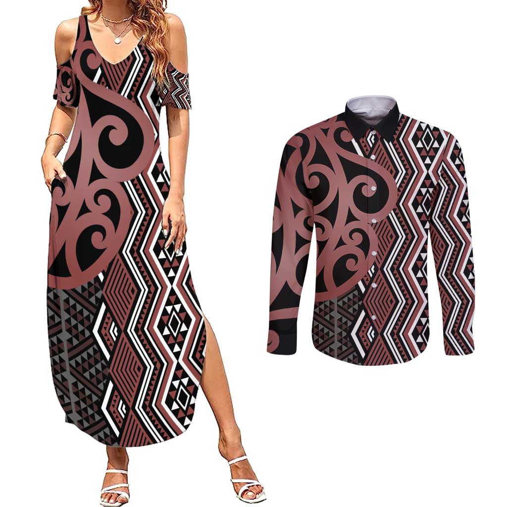 Maori Taniko Patterns Couples Matching Summer Maxi Dress and Long Sleeve Button Shirt Brown Patiki Motifs Mix Whakairo Ngaru