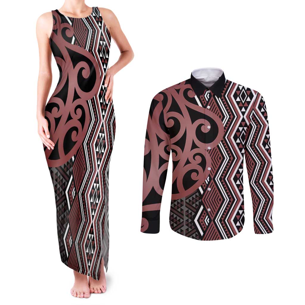 Maori Taniko Patterns Couples Matching Tank Maxi Dress and Long Sleeve Button Shirt Brown Patiki Motifs Mix Whakairo Ngaru
