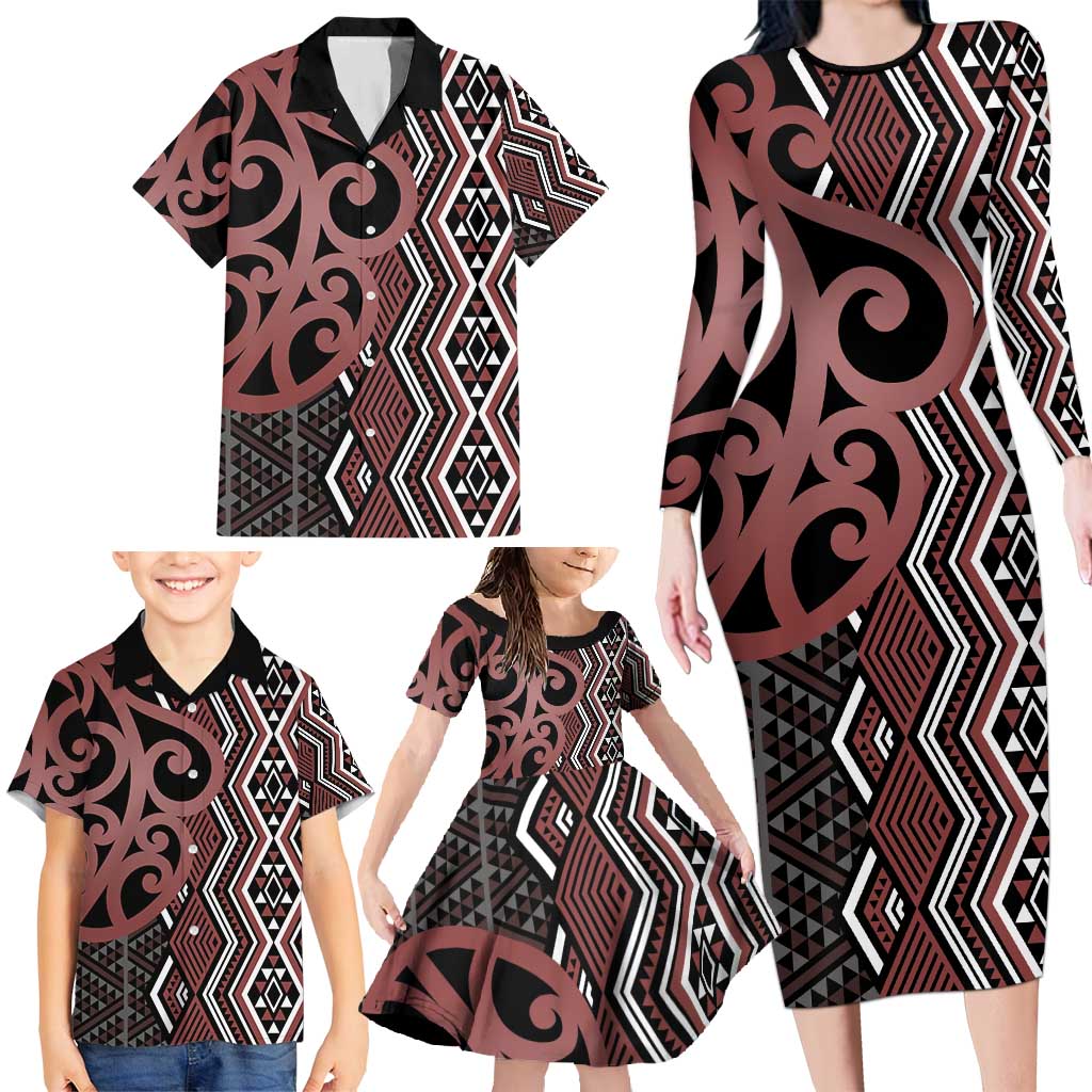Maori Taniko Patterns Family Matching Long Sleeve Bodycon Dress and Hawaiian Shirt Brown Patiki Motifs Mix Whakairo Ngaru LT7 - Polynesian Pride