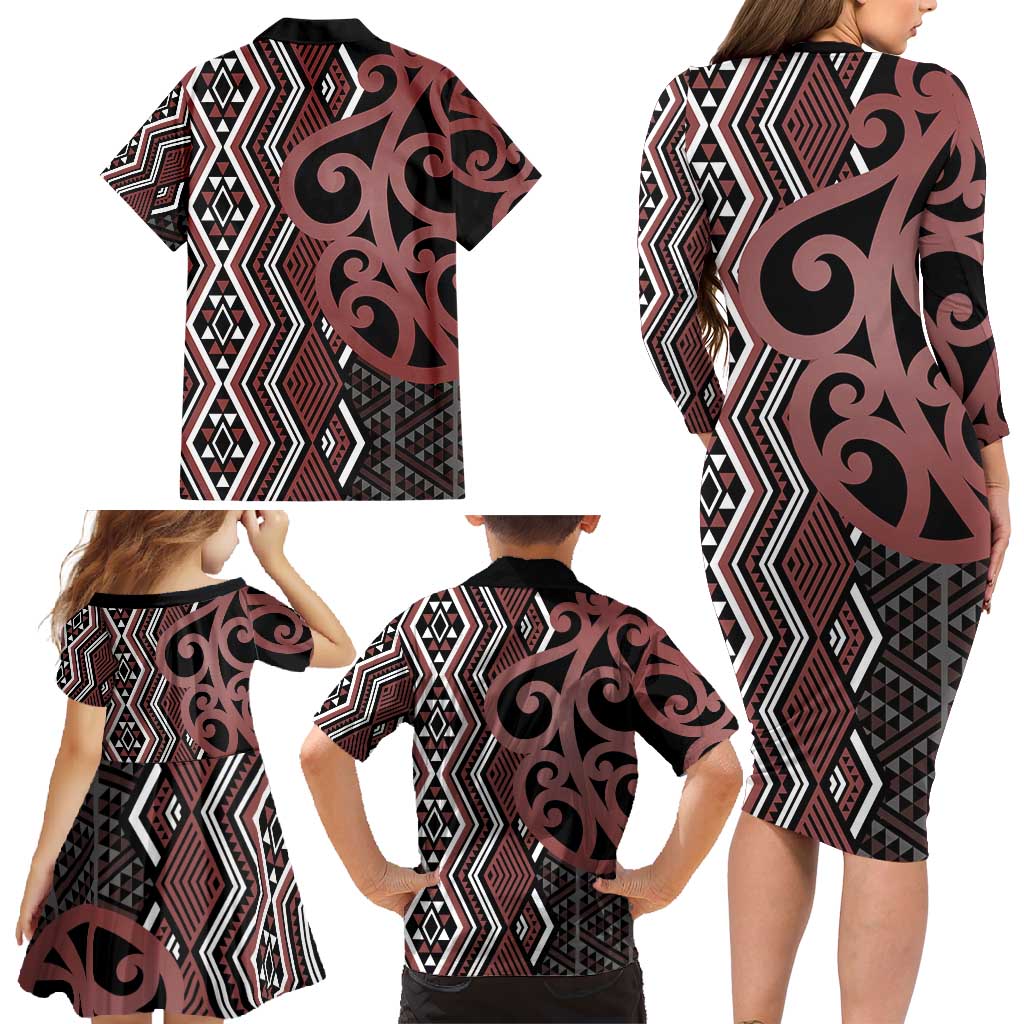 Maori Taniko Patterns Family Matching Long Sleeve Bodycon Dress and Hawaiian Shirt Brown Patiki Motifs Mix Whakairo Ngaru LT7 - Polynesian Pride