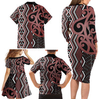 Maori Taniko Patterns Family Matching Long Sleeve Bodycon Dress and Hawaiian Shirt Brown Patiki Motifs Mix Whakairo Ngaru LT7 - Polynesian Pride