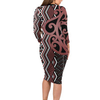 Maori Taniko Patterns Family Matching Long Sleeve Bodycon Dress and Hawaiian Shirt Brown Patiki Motifs Mix Whakairo Ngaru LT7 - Polynesian Pride