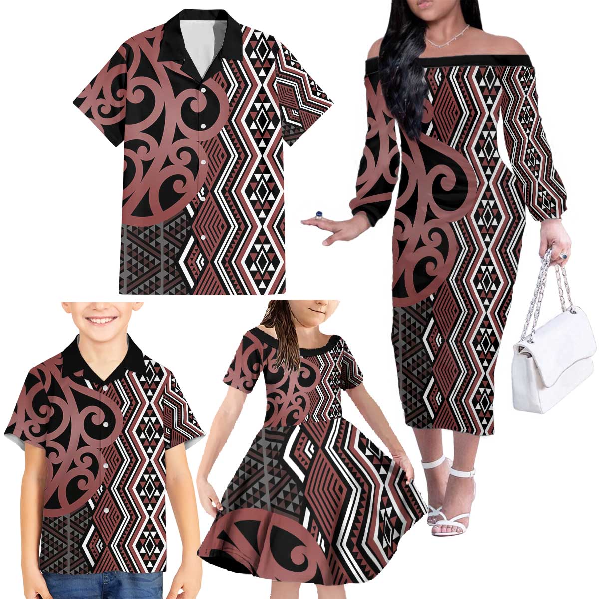 Maori Taniko Patterns Family Matching Off The Shoulder Long Sleeve Dress and Hawaiian Shirt Brown Patiki Motifs Mix Whakairo Ngaru LT7 - Polynesian Pride
