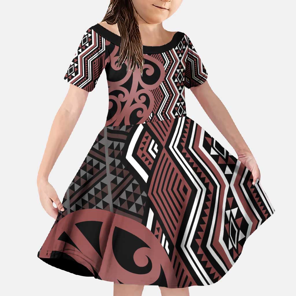 Maori Taniko Patterns Family Matching Off Shoulder Maxi Dress and Hawaiian Shirt Brown Patiki Motifs Mix Whakairo Ngaru
