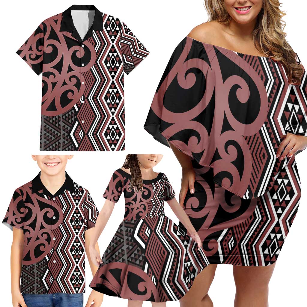 Maori Taniko Patterns Family Matching Off Shoulder Short Dress and Hawaiian Shirt Brown Patiki Motifs Mix Whakairo Ngaru LT7 - Polynesian Pride